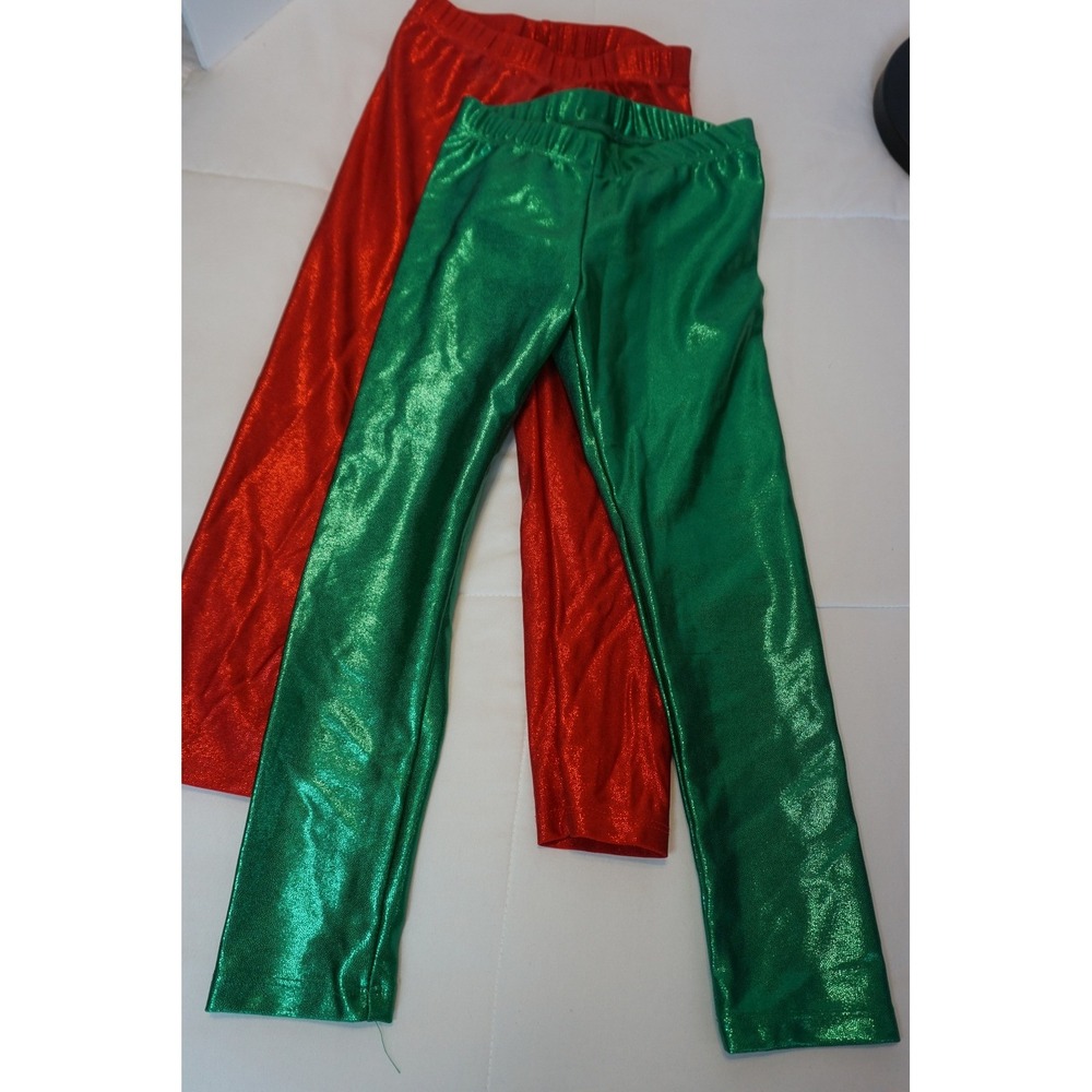 Azarhia Kids Metallic Leggings Set Red Green Shiny Foil Dance Holiday YXS 5 2pk